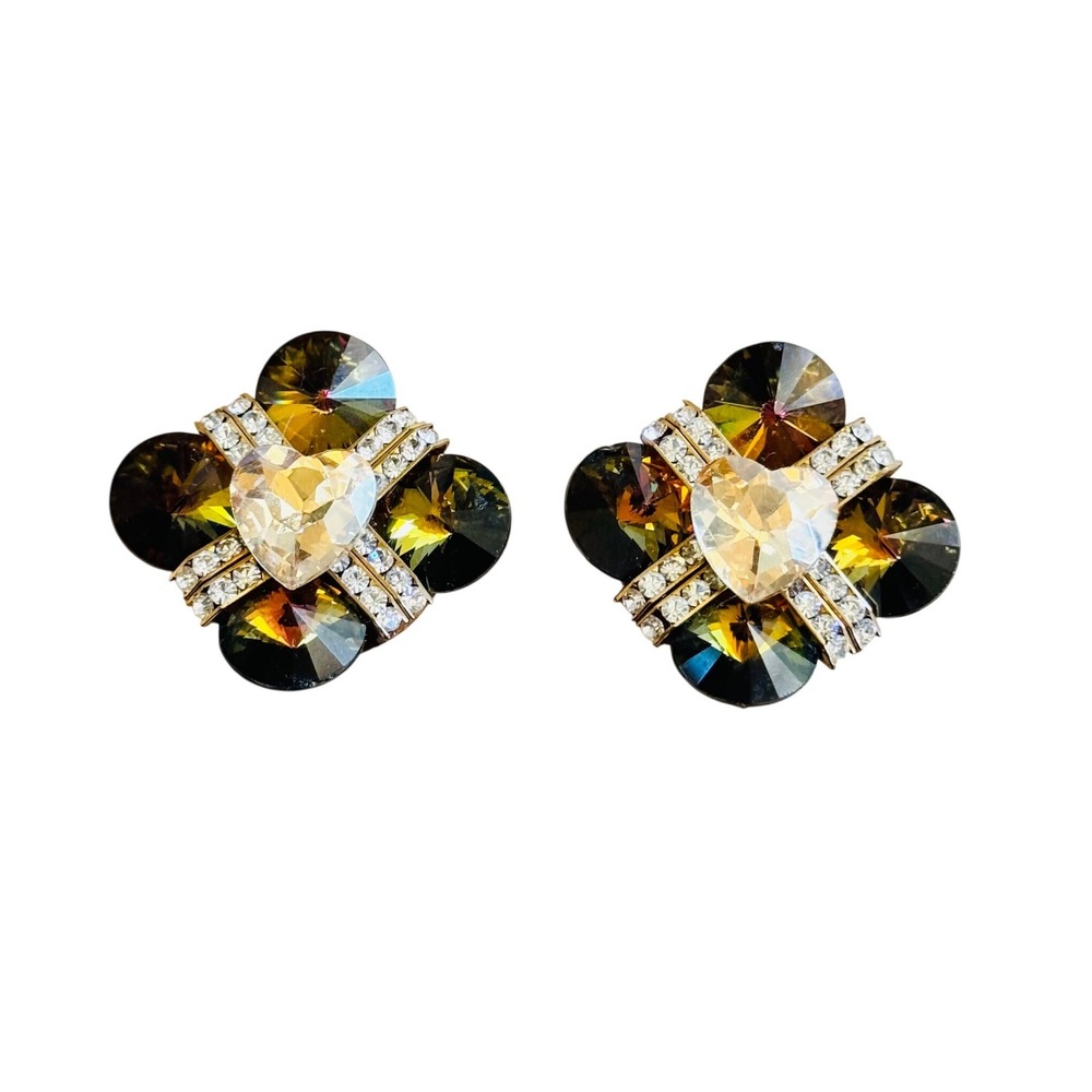 VTG Designs By SD Heart Earrings‎ Austrian Crystal rhinestone Clip Sparkly 80s